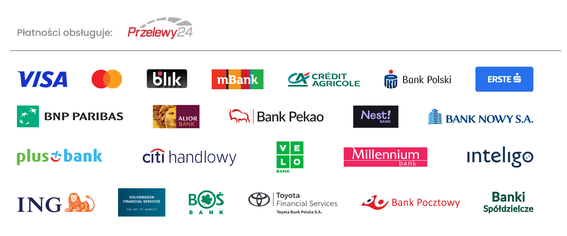 Płatności obsługuje Przelewy24: BLIK, Visa, Mastercard oraz przelewy online z banków mBank, PKO Bank Polski, Pekao, ING, Millennium, Alior, BNP Paribas, Credit Agricole i innych.